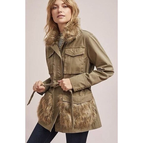 ANTHROPOLOGIE Faux Fur-Trimmed Field Parka Jacket Size XS Green Retail $188 - Picture 3 of 16